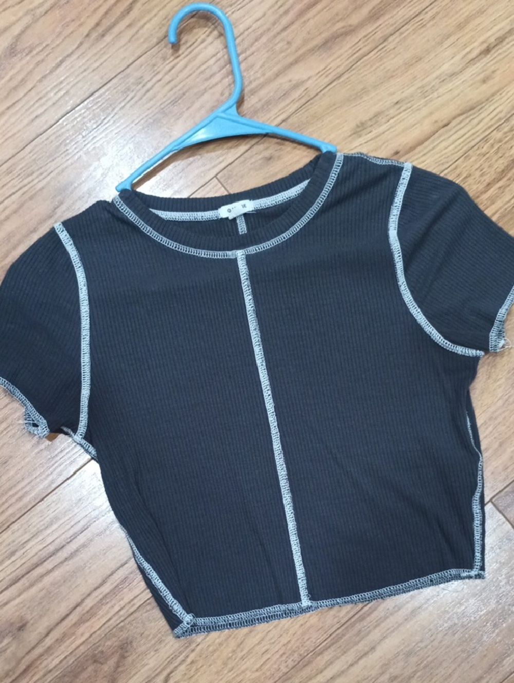 Garage Gray Ribbed Crop Top with White Contrast Seams